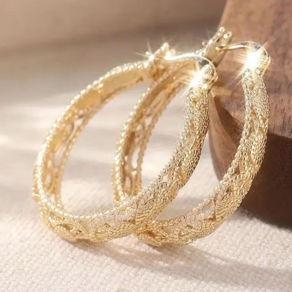 Baroque Inspired Openwork Lace Vintage Style Carved Large Hoops Golden Earrings